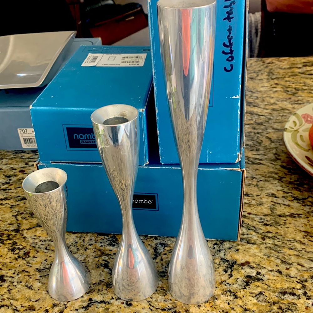 3 Nambe Studio Alluminum Alloy Candlestick Holders, 1994 / 6031, 6030, 602